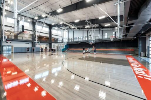 Picture of the basketball court inside of the Wellness Center.